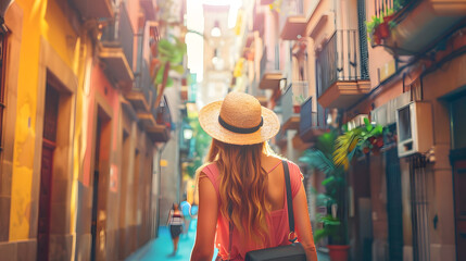 Beautiful tourist young woman walking in Barcelona city street on summer, Spain, tourism travel holiday vacations concept in Europe