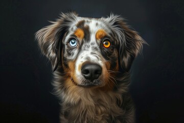 A photorealistic portrait of a dog with heterochromia different colored eyes, capturing the unique beauty of its gaze