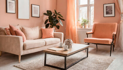 Minimal living room with wooden coffee table near sofa close-up and frame photo. Interior in trendy peach colors