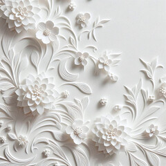 Beautiful white paper flowers on white background. Floral pattern.