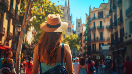 Beautiful tourist young woman walking in Barcelona city street on summer, Spain, tourism travel holiday vacations concept in Europe
