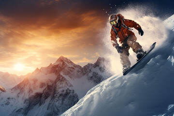 Naklejka na ściany i meble Sportman playing snowboard on the mountain