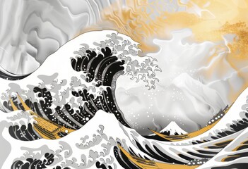 oriental-inspired wall painting that depicts a stylized wave in black and white with golden details, giving a contemporary twist to a classic Japanese wave design