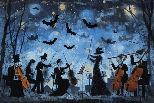 A spooky symphony orchestra plays under a starlit sky, skeletons conduct, bats flutter between instruments