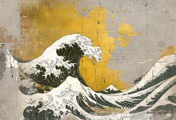 a textured, oriental-inspired wall painting that features a large stylized wave in white and black with a golden backdrop.