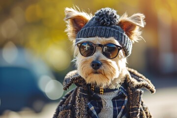 A stylish dog strutting down a miniature runway, showcasing a variety of pet clothing and accessories.
