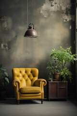 vintage living room with yellow chair