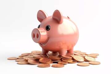 pink piggy bank with copper coins