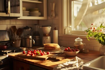 A warm kitchen scene captures the simple pleasure of making breakfast