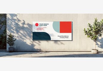 Outside Street Poster Mockup: White Board on Wall with Tree, Potted Plant, and Shadow, Against White Background