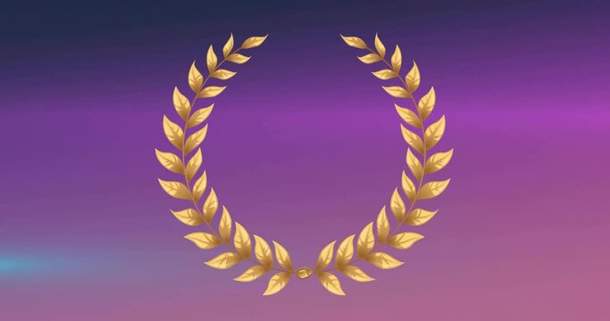 Animation of gold victory laurel and confetti on purple background