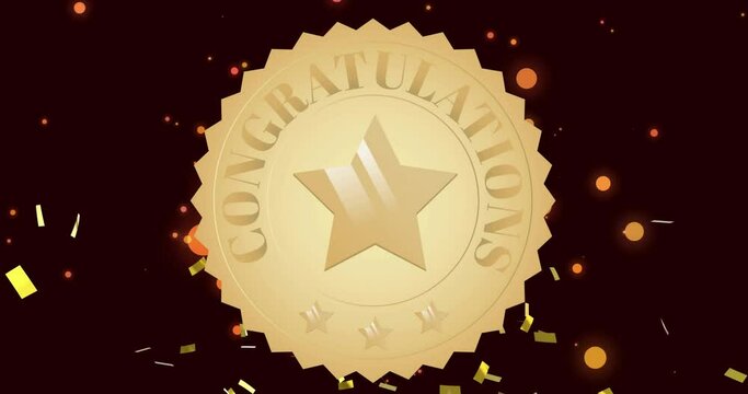 Animation of congratulations text and star on gold medal over confetti and orange light spots