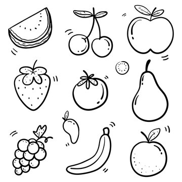 hand drawn fruits in thin line doodle set, in Vector illustration