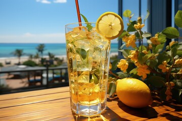 A cold glass of lemonade on a hot summer day - obrazy, fototapety, plakaty