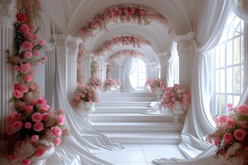 Obraz na płótnie Canvas elegant white archway with pink rose decorations