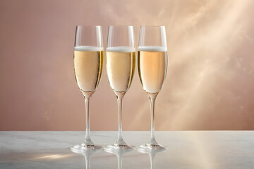 Fototapeta premium Three champagne glasses awaiting a celebratory toast, crystal clarity, simplistic elegance, on a soft-focused, single-color background, hues of gentle pastels. Generative AI