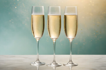 Fototapeta premium Three champagne glasses awaiting a celebratory toast, crystal clarity, simplistic elegance, on a soft-focused, single-color background, hues of gentle pastels. Generative AI