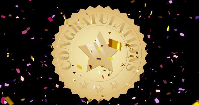 Animation of congratulations text on gold medal and falling confetti on black background