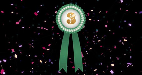 Animation of green and white rosette with number 3 and falling confetti on black background - Powered by Adobe