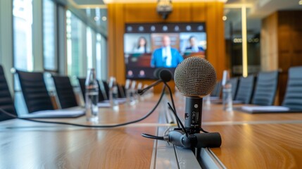 Close-Up of Microphone in Conference Room with Blurred Background, Ideal for Business, Media, and Communication Themes
