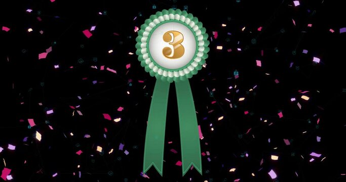 Animation of green and white rosette with number 3 and falling confetti on black background