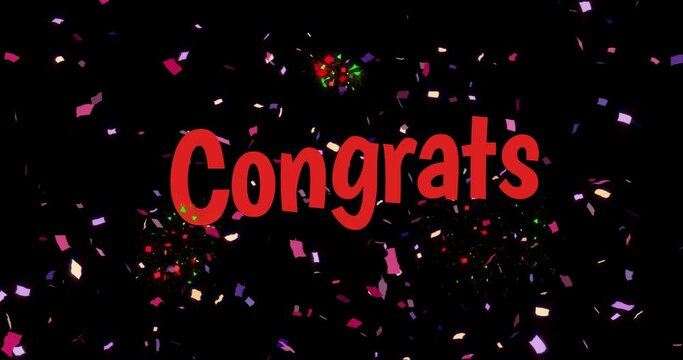 Animation of congrats text in red and falling confetti on black background