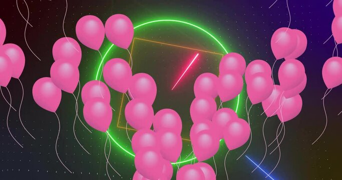 Animation of pink balloons floating over colourful scanner on black background