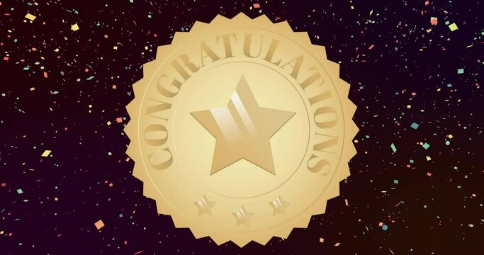 Animation of congratulations text and star on gold medal, with falling confetti on black background