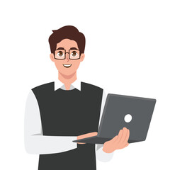 Successful young man holding or using laptop computer wearing glasses. Flat vector illustration isolated on white background