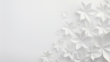 white paper flowers on a white background, space for text, template for invitation
