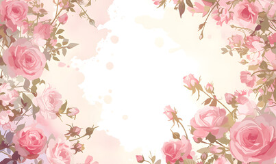 pink flower rose frame watercolor background, Generative AI 