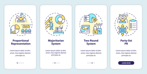 Electoral systems onboarding mobile app screen. Democracy ballots. Walkthrough 4 steps editable graphic instructions with linear concepts. UI, UX, GUI template. Myriad Pro-Bold, Regular fonts used