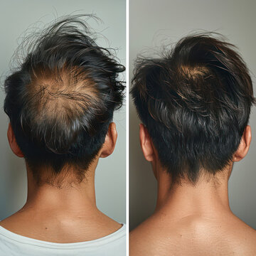 Before and after of a man with thinning or falling out hair, back right image This shows that the hair is noticeably thicker and healthier.