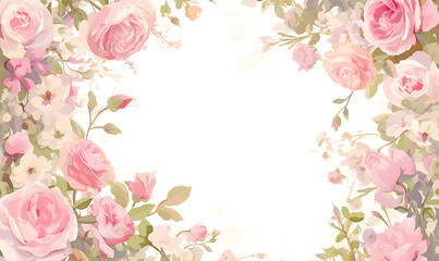 pink flower rose frame watercolor background, Generative AI 