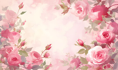 Obraz na płótnie Canvas pink flower rose frame watercolor background, Generative AI 