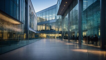 A modern office building with a glass facade.