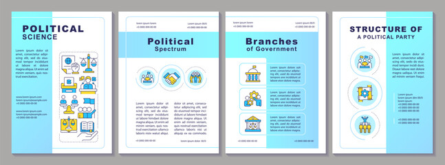 Political science blue brochure template. Government structure. Leaflet design with linear icons. Editable 4 vector layouts for presentation, annual reports. Arial-Black, Myriad Pro-Regular fonts used