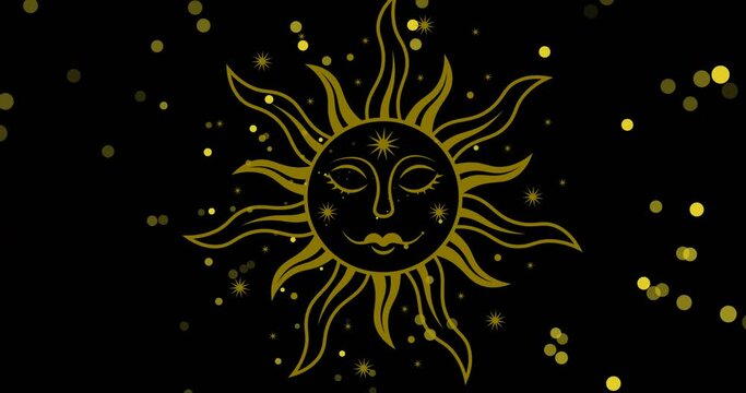 Animation of gold sun face and yellow light spots on black background