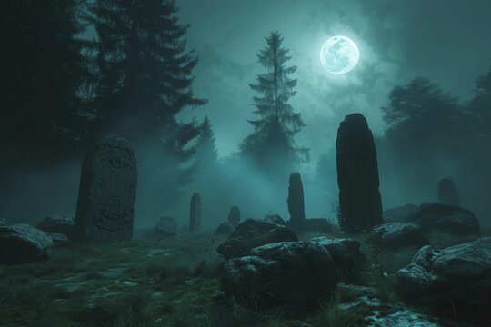 Deep within a forgotten forest, shrouded in mist, an ancient stone circle stands illuminated by the full moon.