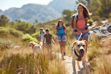 Family hiking through a scenic mountain trail with their dog alongside