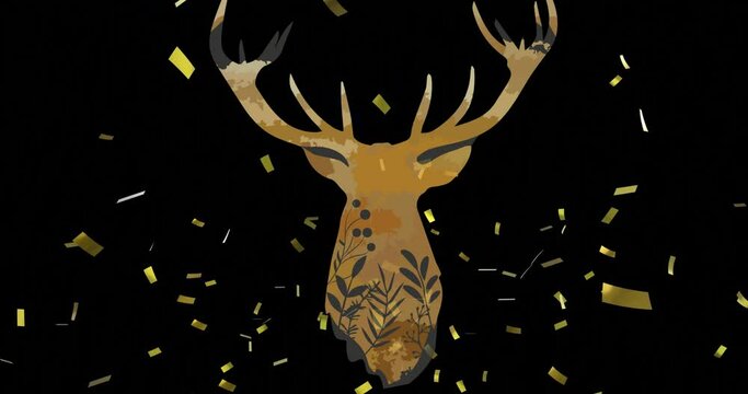 Animation of golden confetti falling over rear view of stag head on black background