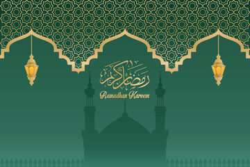 Green Islamic Calligraphy Template with Lantern Design with Texture and Pattern for Website and Greeting card
