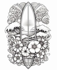 a black and white drawing of a surfboard with flowers and waves , generated by AI