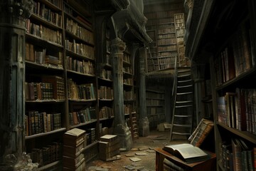 Endless bookshelves tower like a maze, whispering stories and hiding mischievous spirits amongst dusty tomes, waiting to be discovered on Halloween night