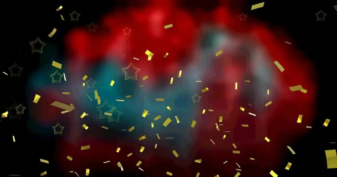 Animation of falling gold confetti and stars over red and green blur on background