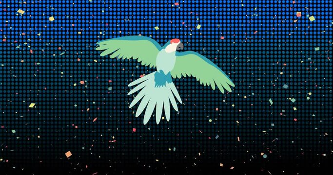 Animation of flying parrot over blue grid and falling confetti on black background