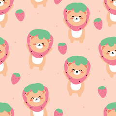 Seamless pattern with cute cartoon bears and strawberries for fabric print, textile, gift wrapping paper. children's colorful vector, flat style