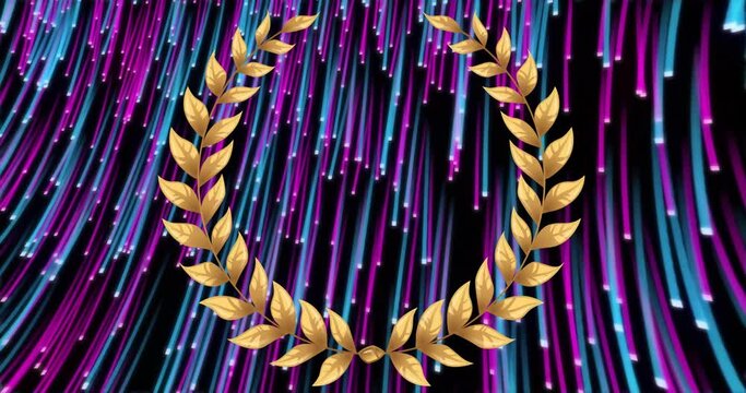 Animation of gold laurel wreath over falling pink and blue light trails on black background