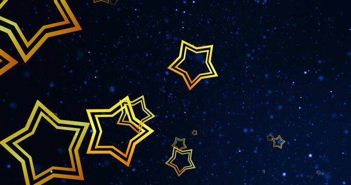 Animation of gold outline stars falling over blue light spots on black background