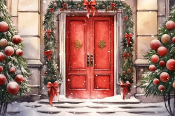 Fototapeta na wymiar a red door with bows and garlands